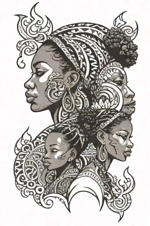 African Mom And Daughter With Flames Behind Them