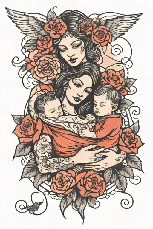 Mother Holding Baby Girl And A Boy