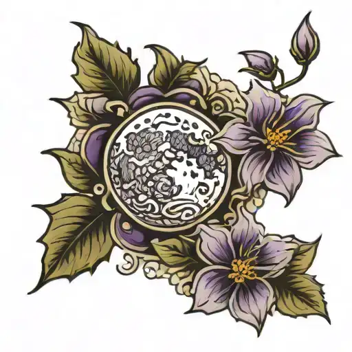 Full Moon With Violet Flower Blooming