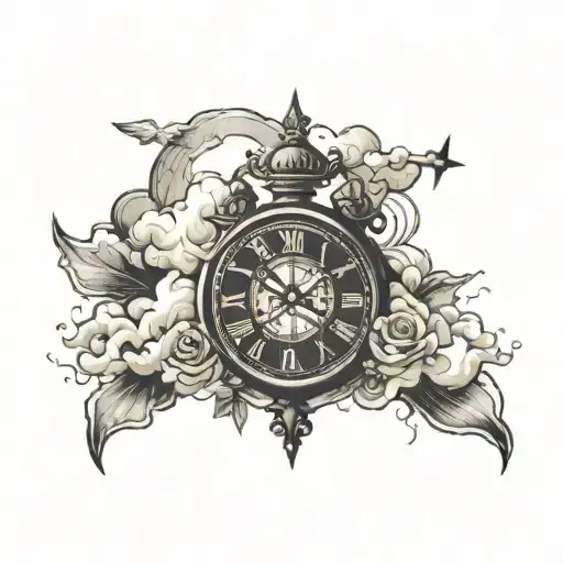 A Tatto For Arm That Cotain Ticking Clock With A Meaning Of Being Lost With Clouds And A Cross