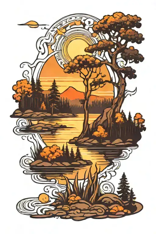 Forest And Lakes With Sun Shining Through