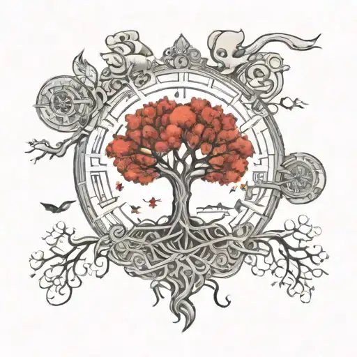 A Tree Of Life With Mythological Symbols And Ancient City Landmarks Intertwined In The Roots