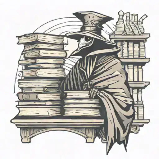 Upper Arm Tattoo Of A Plague Doctor With Grim Reaper Characteristics Standing Over A Tower Of Books