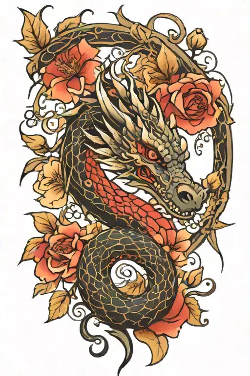 Dragon But Feminine With Flowers And Red Behind The Ear