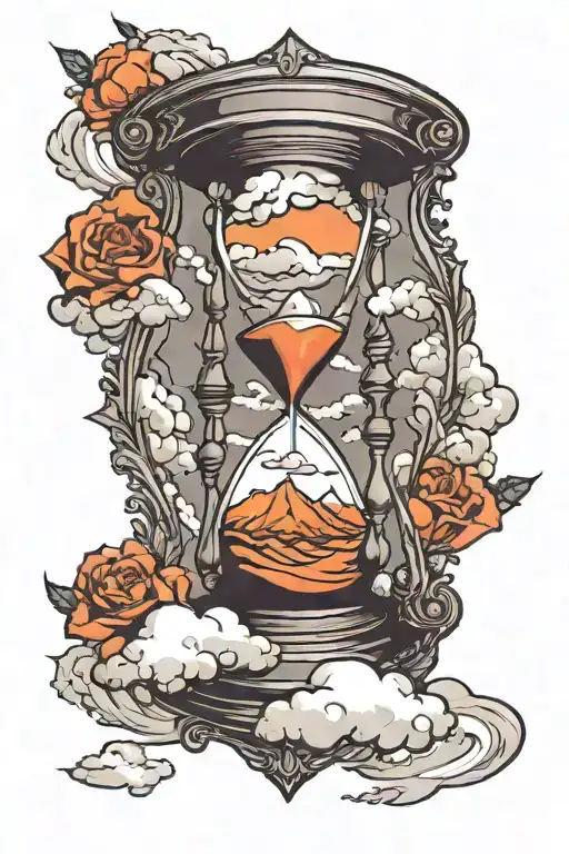 Hourglass With Heavenly Clouds In The Top And Fiery Mountains In The Bottom