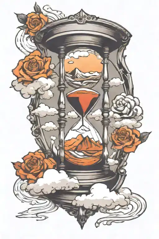 Hourglass With Heavenly Clouds In The Top And Fiery Mountains In The Bottom