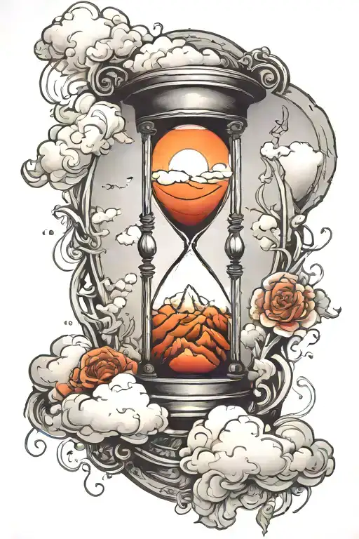 Hourglass With Heavenly Clouds In The Top And Fiery Mountains In The Bottom