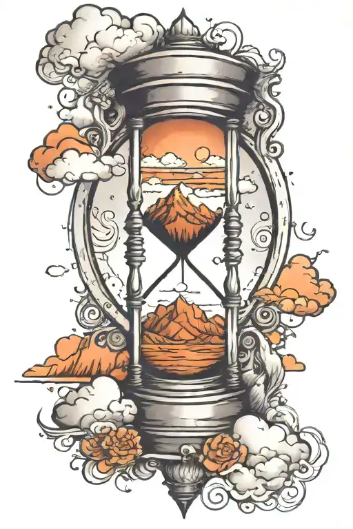 Hourglass With Heavenly Clouds In The Top And Fiery Mountains In The Bottom