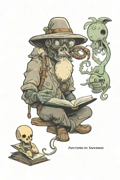 Tattoo Of A Veteran Reading A Science Book To Children With A Kodama Spirit In The Background