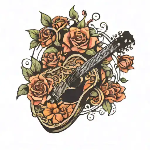 Guitar Inside A Human Heart With Flowers Coming Out Of It