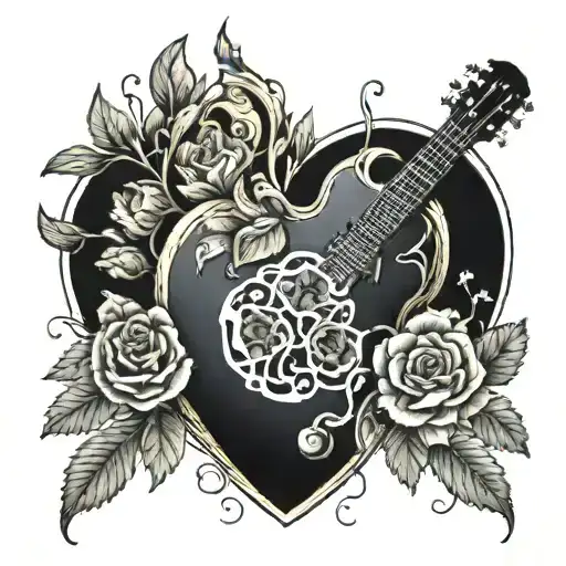 Guitar Inside A Human Heart With Flowers Coming Out Of It