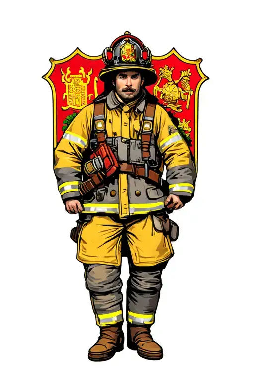 Firefighter With Coat Of Arms And In Action Packed Scene