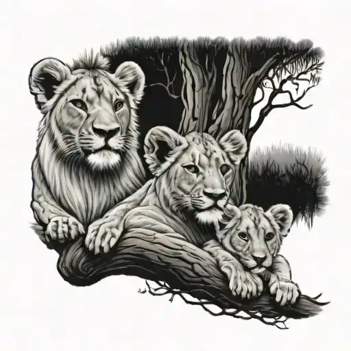 4 Lion Cubs Shading Under Tree