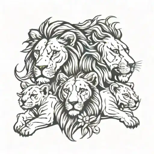 Lion And Lioness With Four Cubs Surrounded