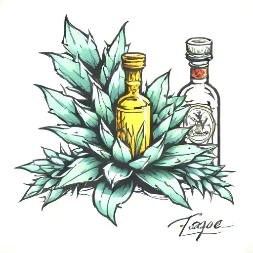 Agave Plant With Tequila Bottle