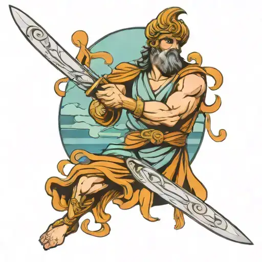 Greek God With Sword Going Vertical