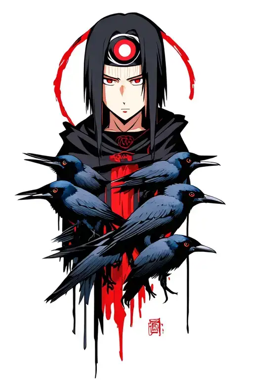 Itachi Uchiha With Sharingan Eyes Wearing Akatsuki Cloak Fading Into Crows