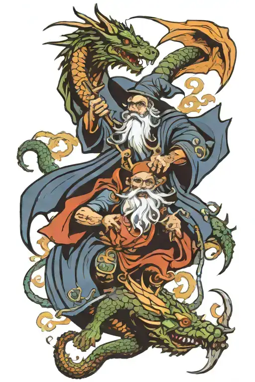 Wizard Fighting A Dragon Flying