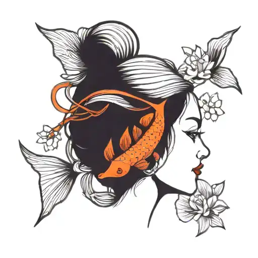 Line Art Of A Womans Face Leading Into Two Koi Fish