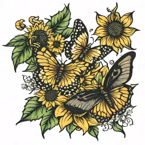 Butterflies And Sunflower In The Middle