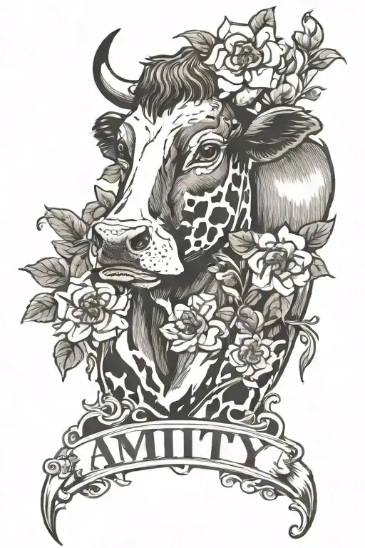 Cow And Flowers With Amity Written Abov