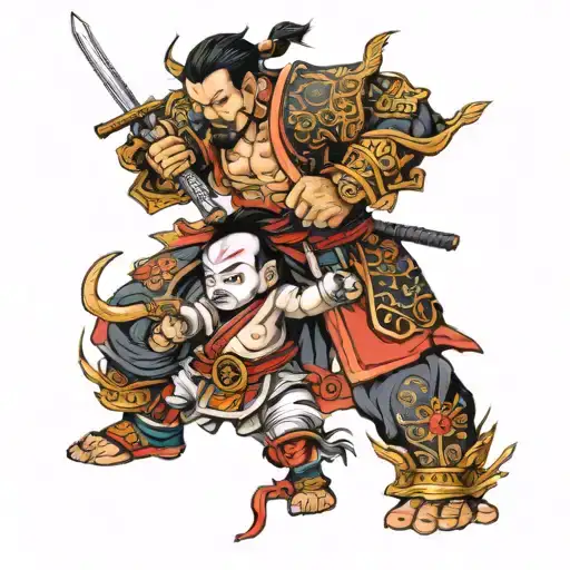 Full Battle Armos Samurai With Baby Son By His Side