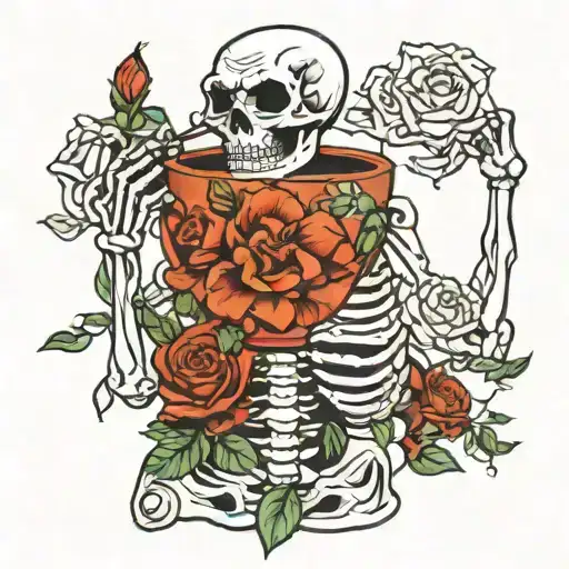 Skeleton Drinking Coffee Flowers