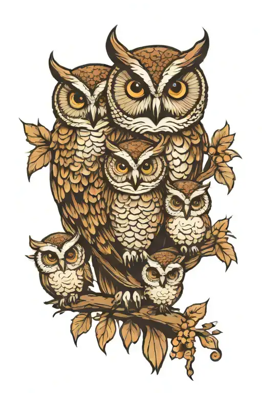 Mother Owl Holding Four Baby Owls Representing The Bond