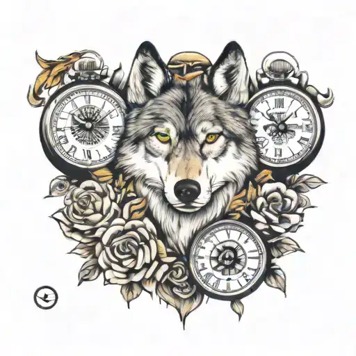 Wolf Crowl And Watch Surrounded Tattoo