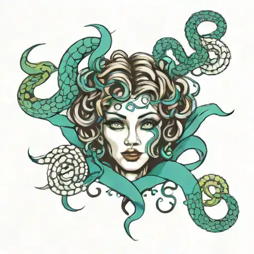Medusa Head With Snakes Teal Ribbon In Front Of Broken Heart