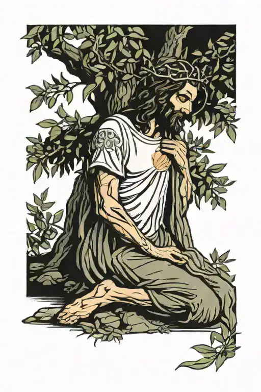 Jesus Kneeling At An Olive Tree Growing
