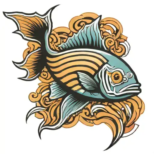 Jesus Fish On Tricep With 5 Stripes Wrapping Arm