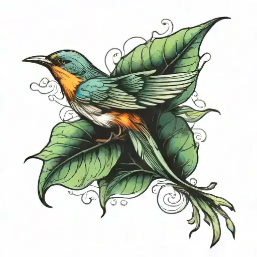 Tree Leaf And Bird Flying