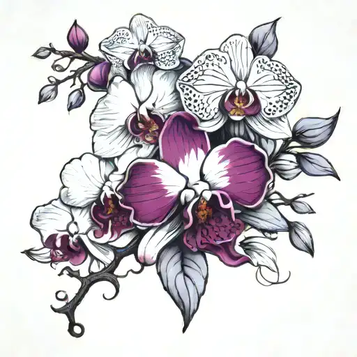 White And Deep Purple Orchid Branch With Waning Moon And Lady Bug