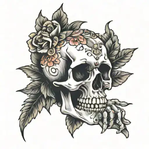 Skull Hand Holding Bouquet Of Flowers