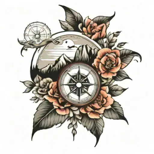 Mountains With Compass And Flowers