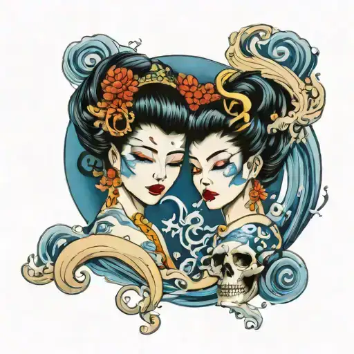 Blue Geisha Surrounded By Water Waves And Skulls Facing Each Other