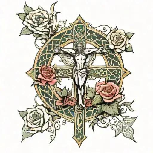 Celtic Cross Surrounded By Roses And Women Full Body