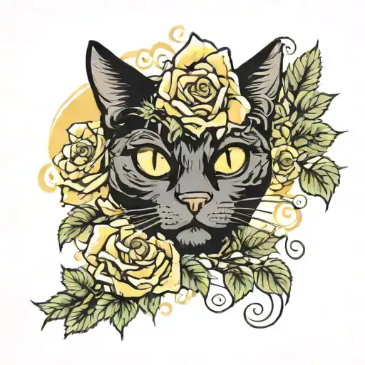 Black Cat Yellow Eyes And Roses