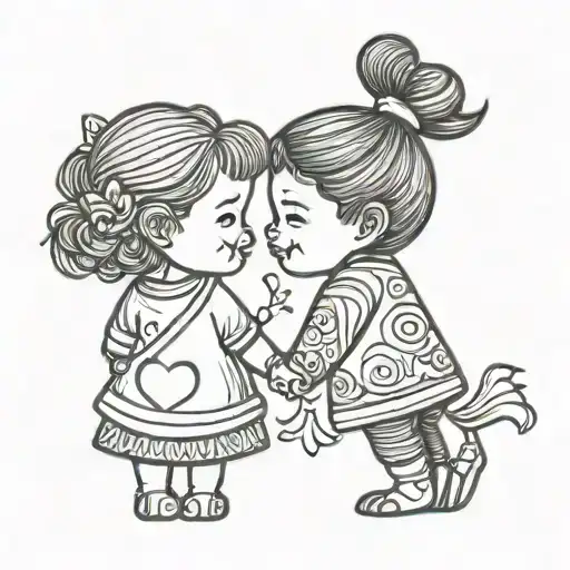 Single Line Tatto Of A Little Girl Holding Hands With A Little Boy