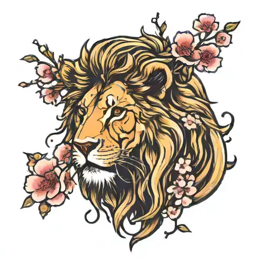 The Lion Of Judah Standing In Cherry Blossom Petals Falling