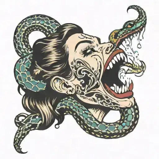 Woman Pulling Snake Out Of Mouth Wide Open