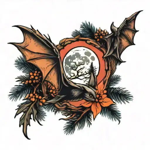 Pine Trees Moon Bat Flying