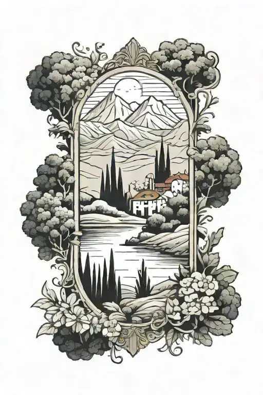 Italian Landscape Inside Tall Vertical Frame