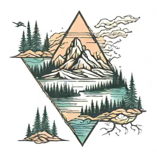 Thin Line Triangle Mountain And Forrest Lake Surrounded