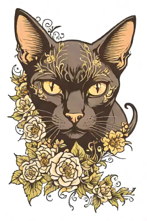 Black Cat And Flowers