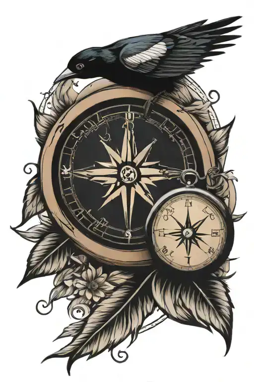 Compass And A Clock With A Magpie Perched