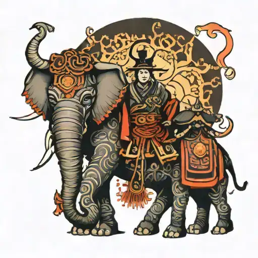 Samurai With Elephant And Dear With Glowing Lights At The Background