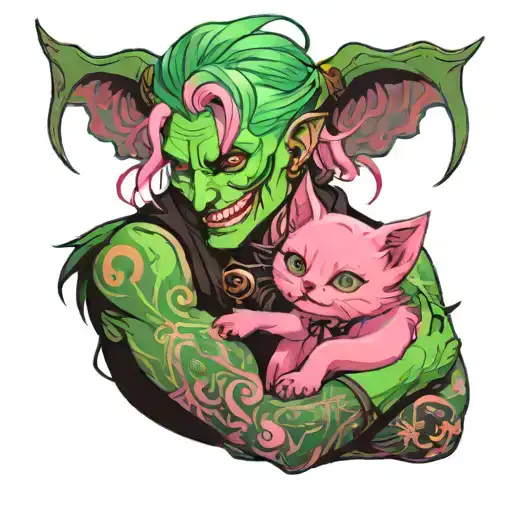 Green Haired Male Demon Smiling Wickedly While Holding A Pink Female Kitten