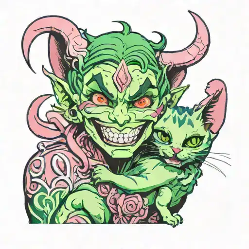 Green Haired Male Demon Smiling Wickedly While Holding A Pink Female Kitten